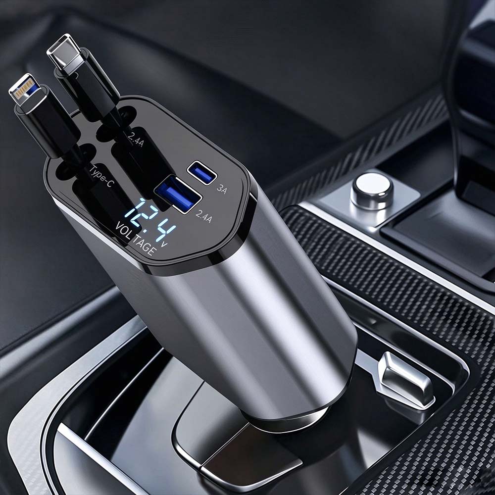 4-in-1 Retractable Fast Car Charger with LED Voltage Display | AXLYMARK™
