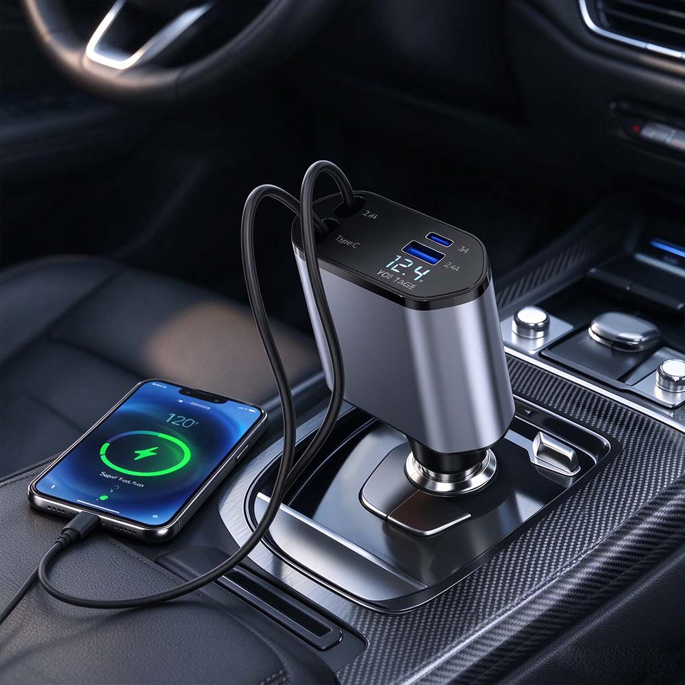 4-in-1 Retractable Fast Car Charger with LED Voltage Display | AXLYMARK™