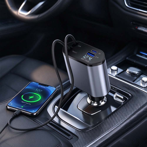 4-in-1 Retractable Fast Car Charger with LED Voltage Display | AXLYMARK™