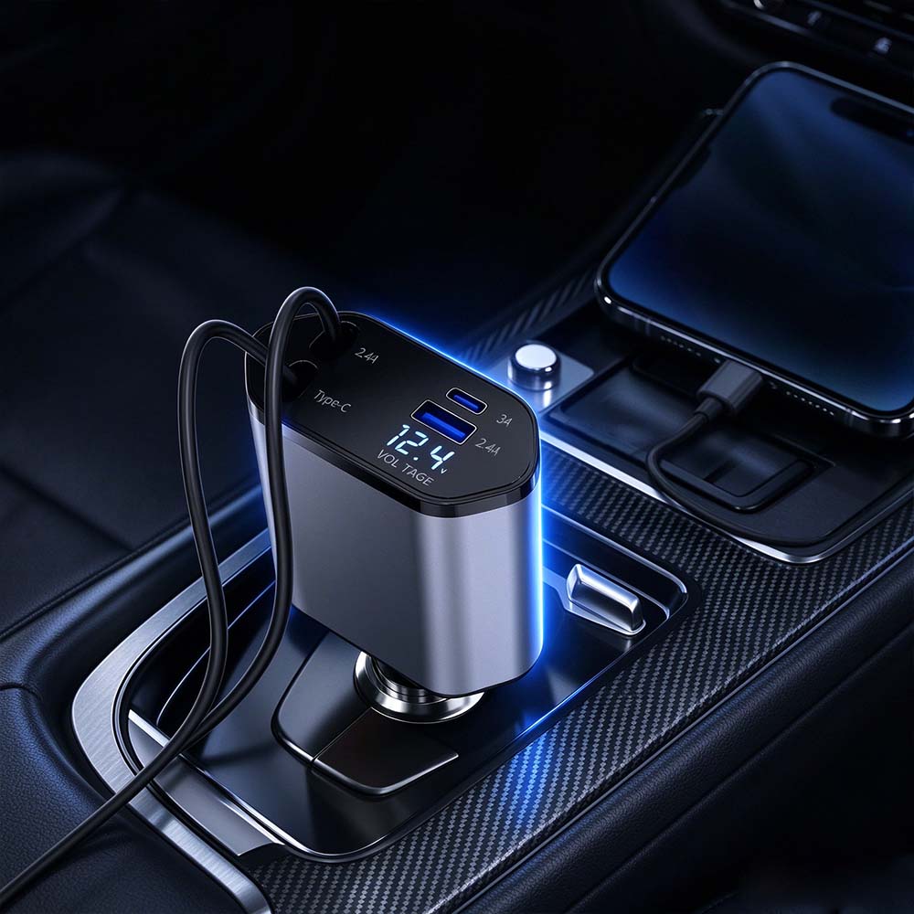 4-in-1 Retractable Fast Car Charger with LED Voltage Display | AXLYMARK™