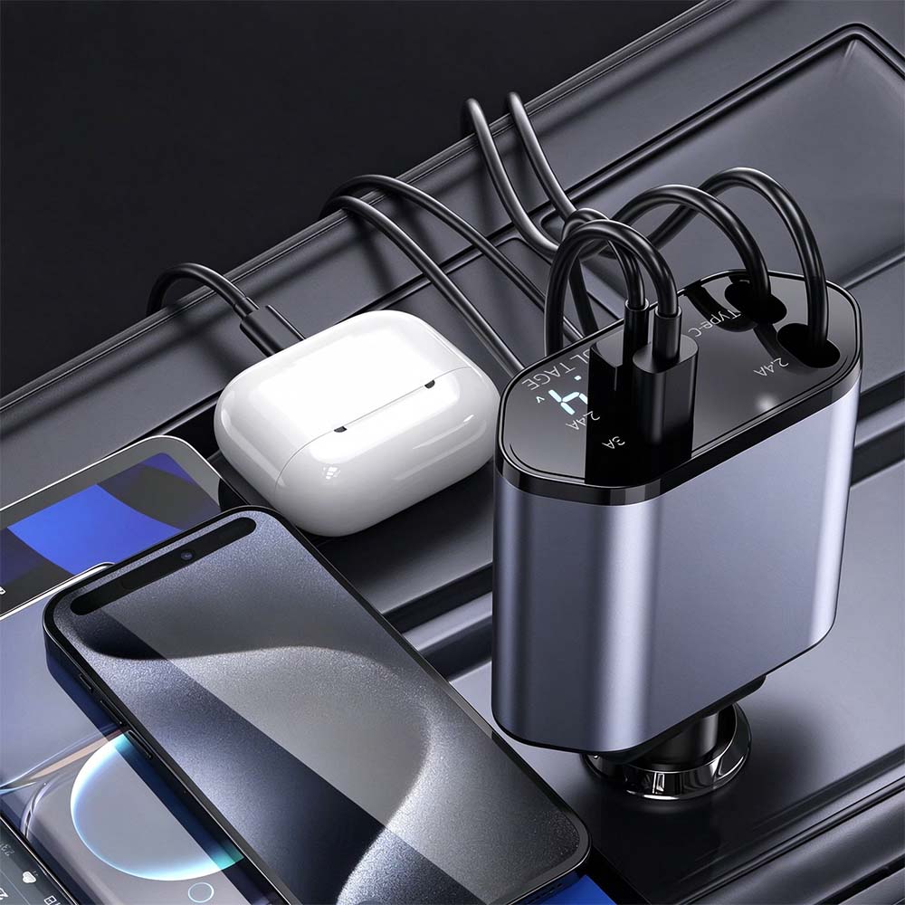 4-in-1 Retractable Fast Car Charger with LED Voltage Display | AXLYMARK™