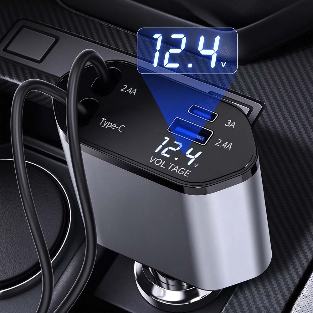 4-in-1 Retractable Fast Car Charger with LED Voltage Display | AXLYMARK™