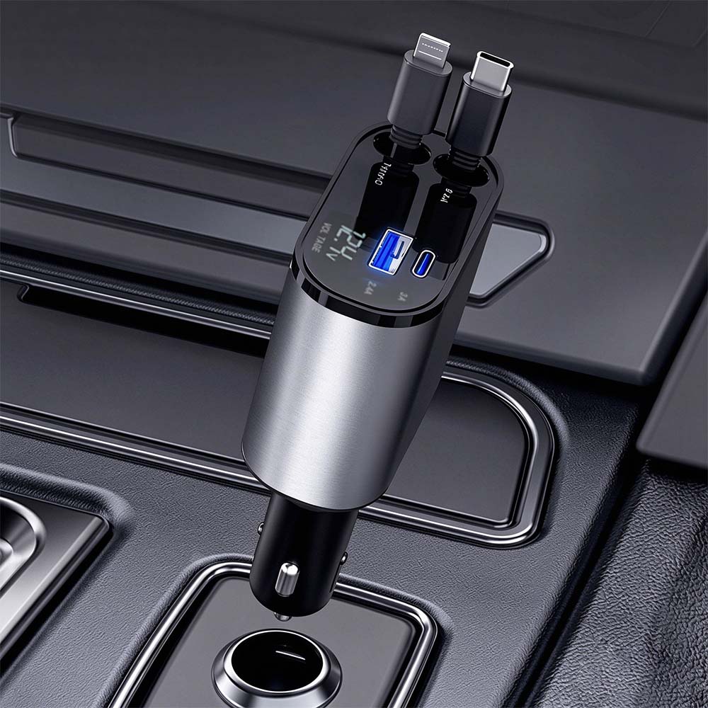 4-in-1 Retractable Fast Car Charger with LED Voltage Display | AXLYMARK™