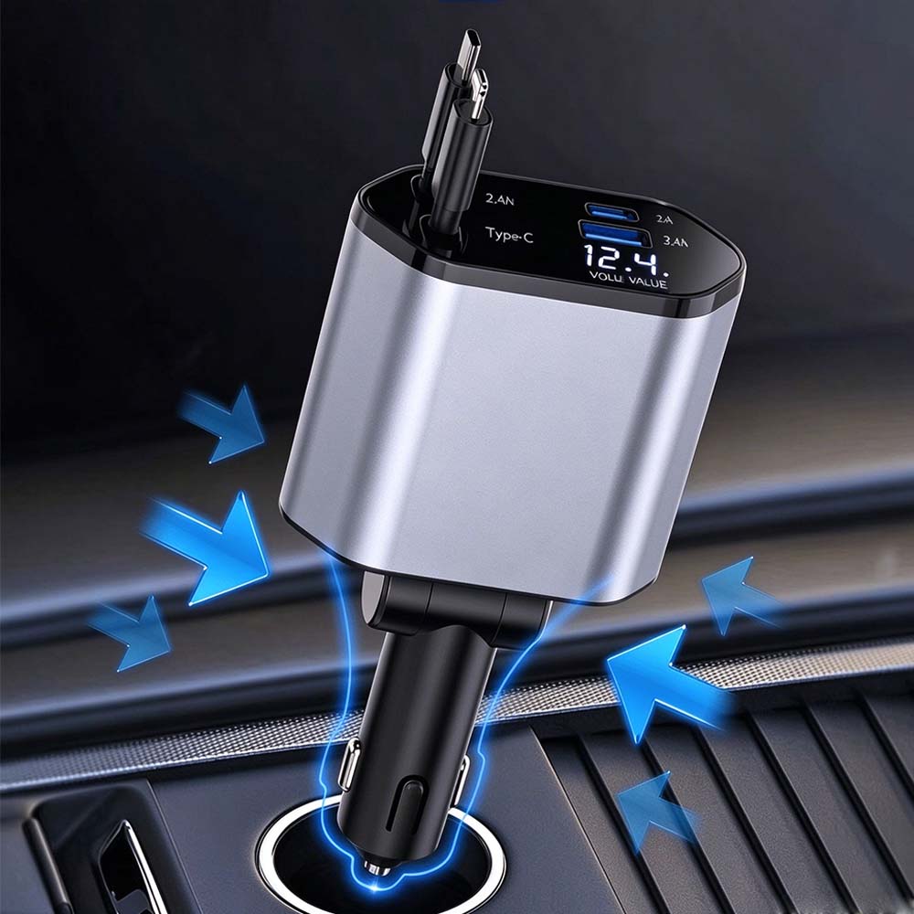 4-in-1 Retractable Fast Car Charger with LED Voltage Display | AXLYMARK™