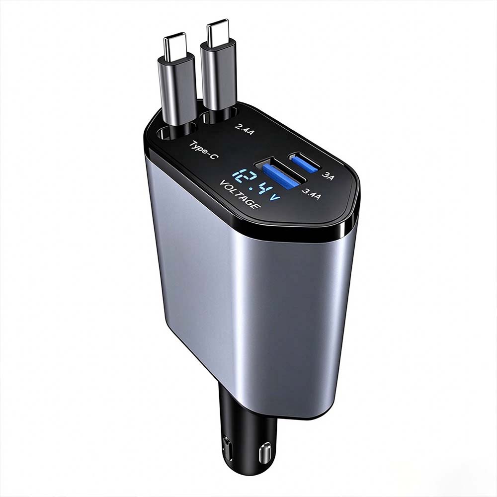 4-in-1 Retractable Fast Car Charger with LED Voltage Display | AXLYMARK™